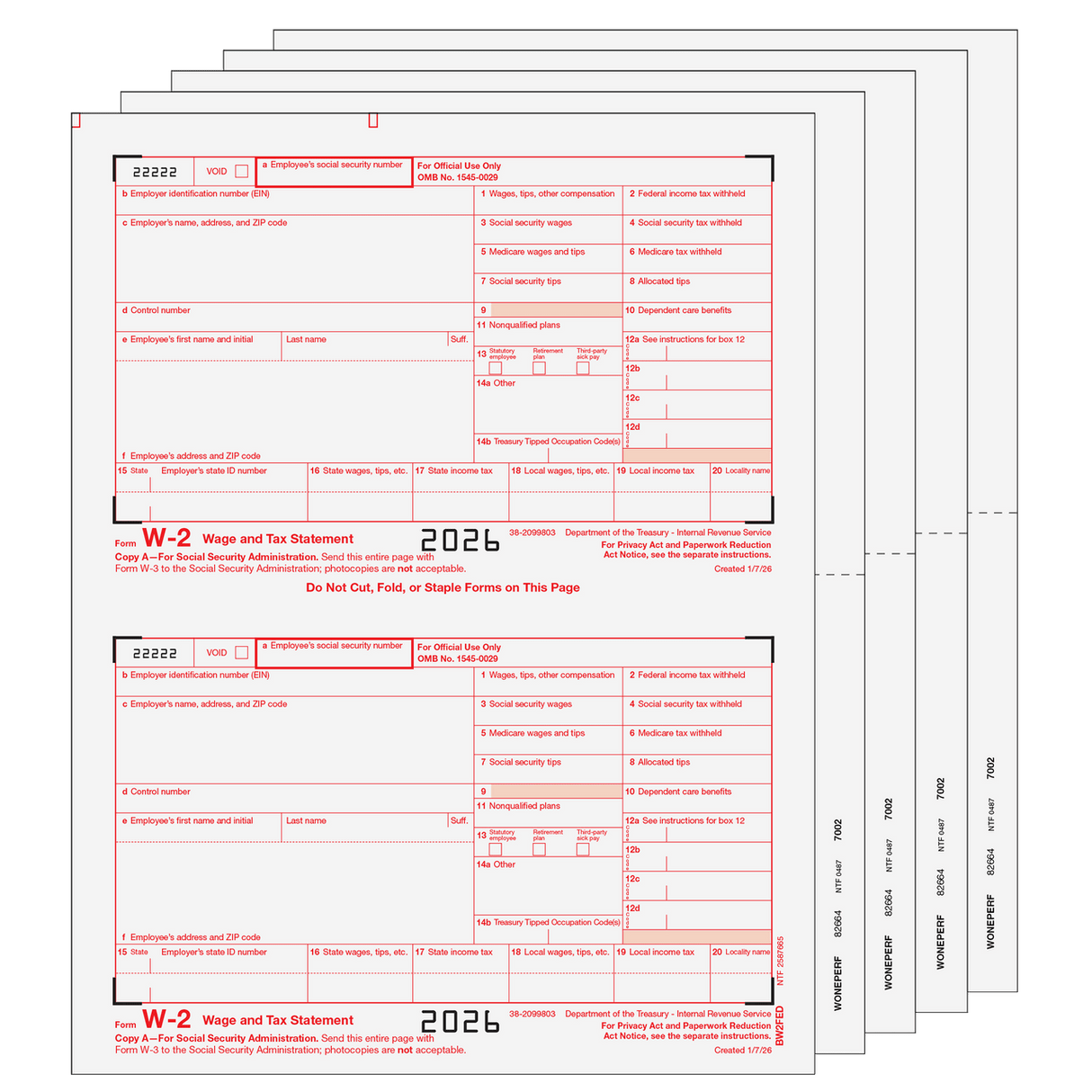 Traditional W-2 Form 8-Part Blank Laser Set