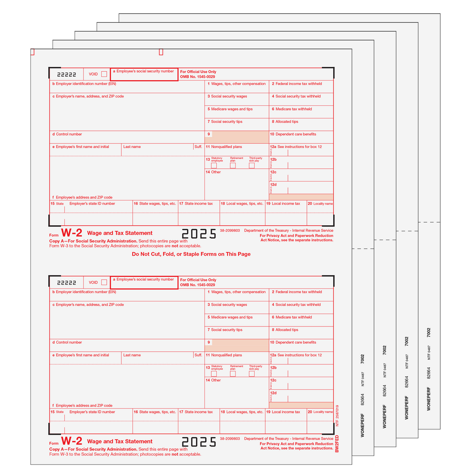 Traditional W-2 Form 8-part Set (Blank Copies) - 25 Qty