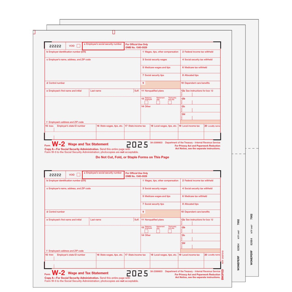 Traditional W-2 Form 4-part Set (Blank Copies with Instructions) - 25 Qty