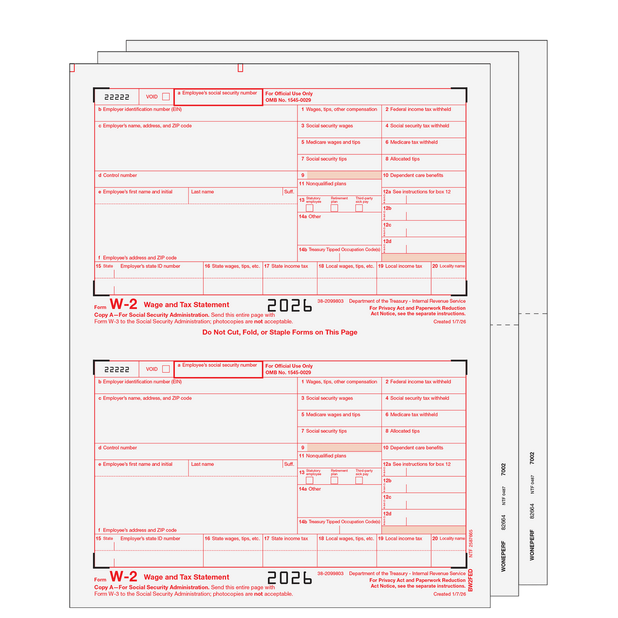 Traditional W-2 Form 4-Part Blank Laser Set with Instructions