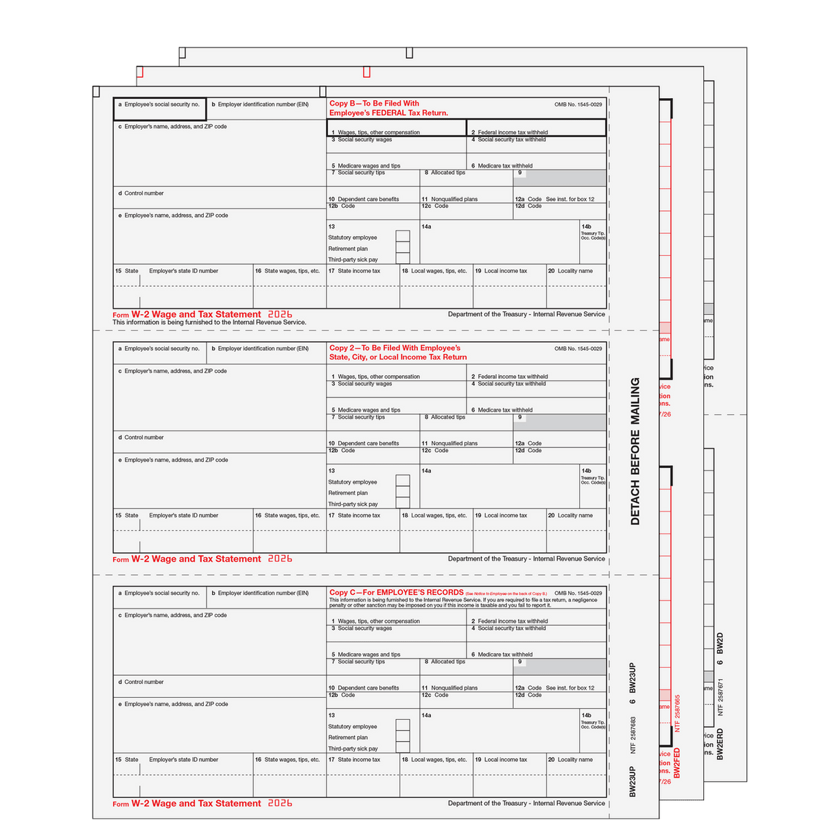 2026 W-2 Condensed 3-Up 4-Part Preprinted Laser Tax Form Set
