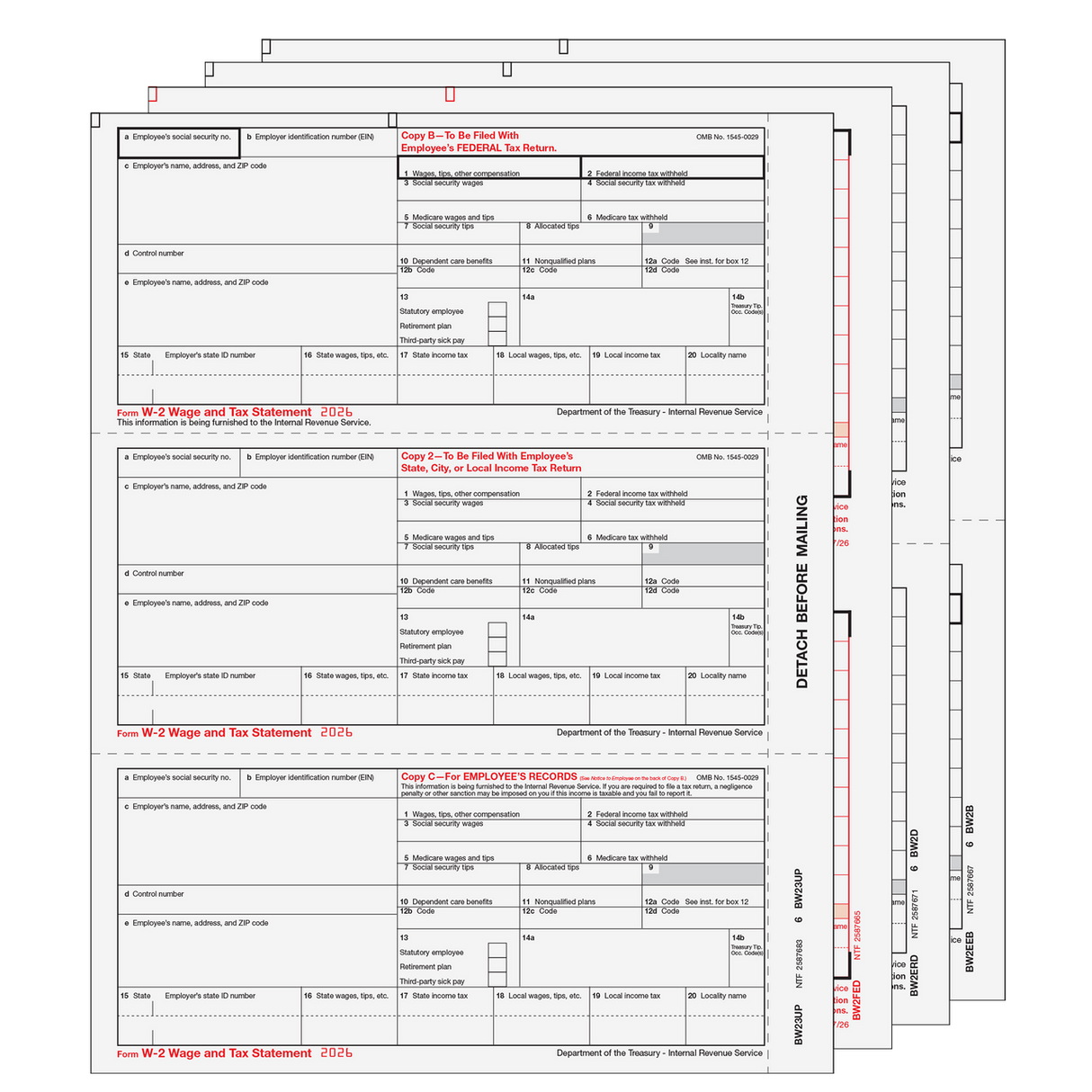 2026 W-2 Condensed 3-Up 6-Part Preprinted Laser Tax Form Set