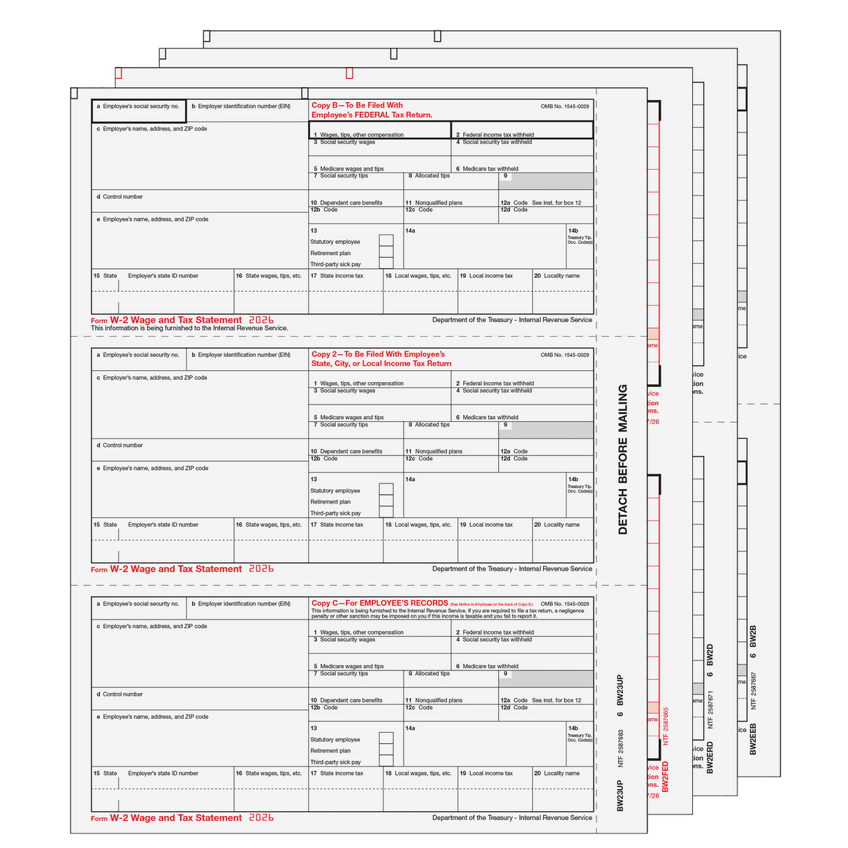 2026 W-2 Condensed 3-Up 6-Part Preprinted Laser Tax Form Set