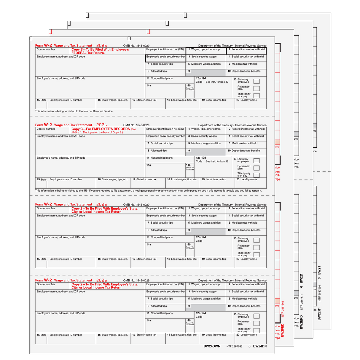 2026 W-2 Condensed 4-Up Horizontal 6-Part Preprinted Laser Tax Form Set