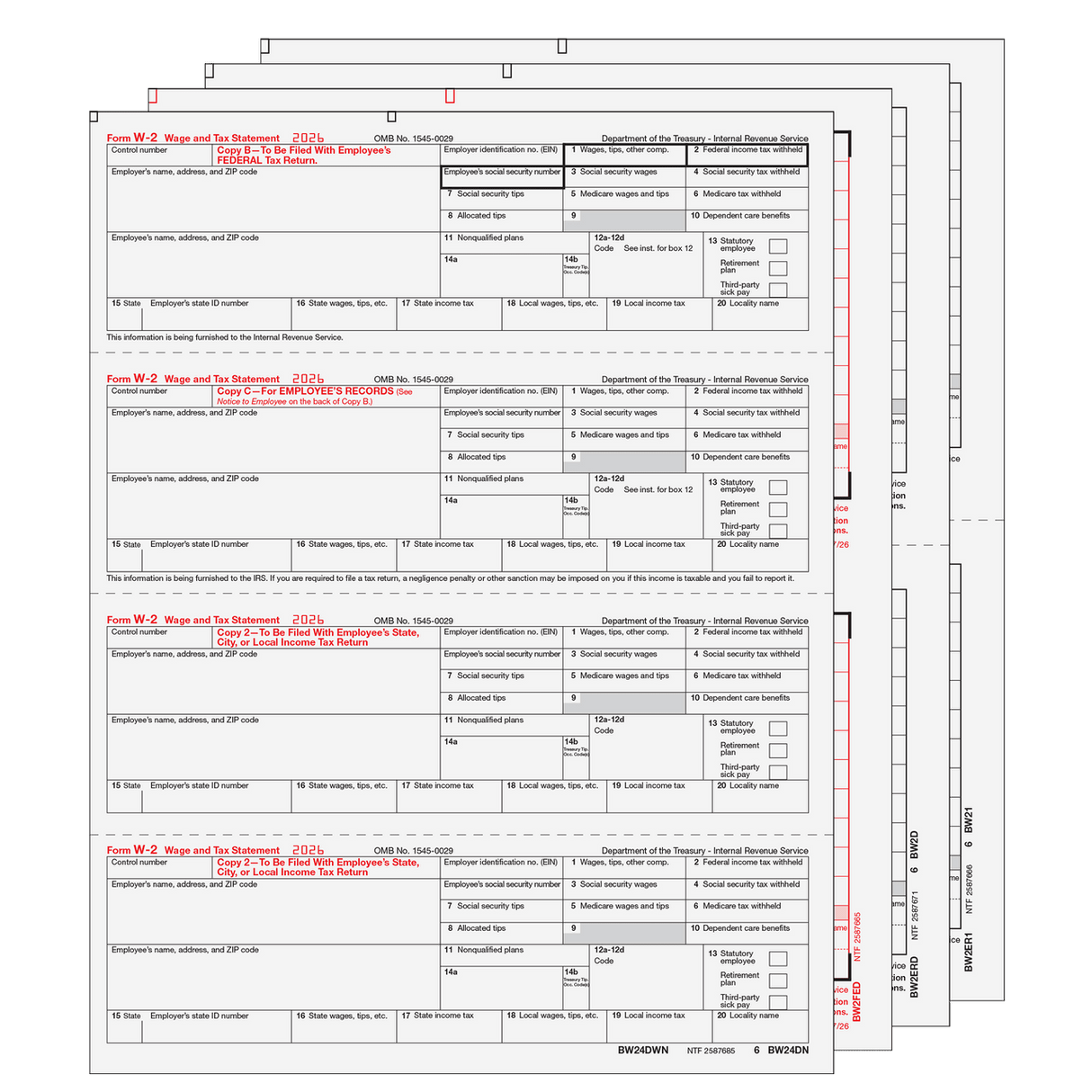 2026 W-2 Condensed 4-Up Horizontal 6-Part Preprinted Laser Tax Form Set