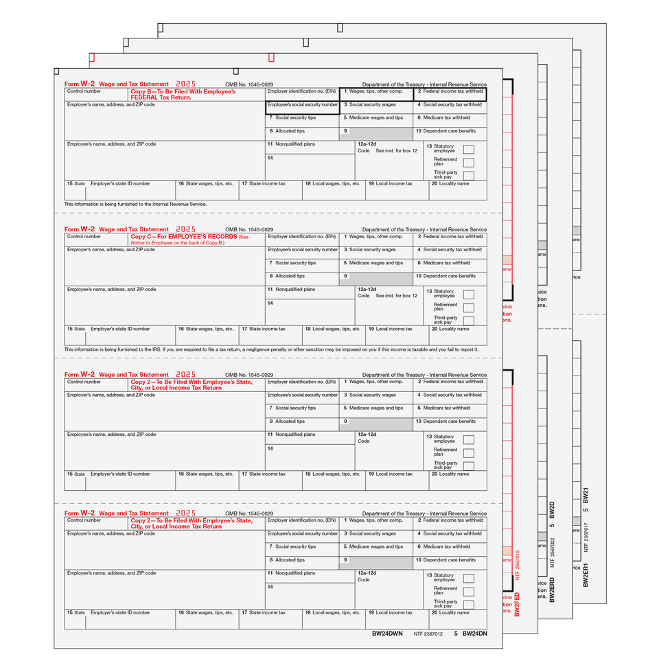 Condensed W-2 Form 6-part Set (Horizontal Employee Copies) - 25 Qty