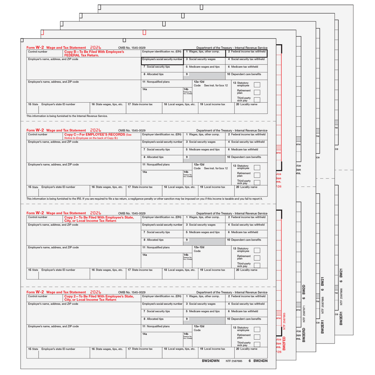 2026 W-2 Condensed 4-Up Horizontal 8-Part Preprinted Laser Tax Form Set