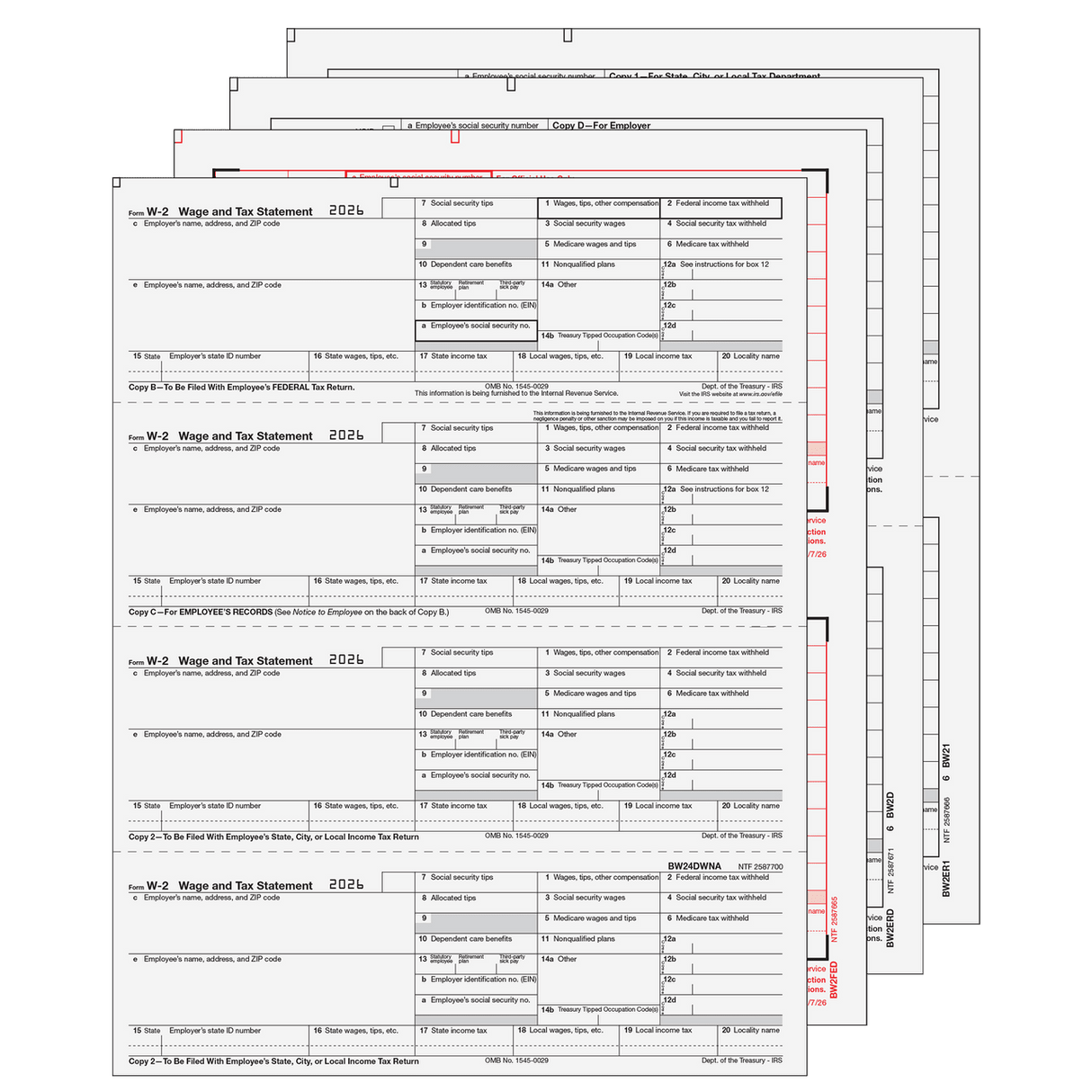 2026 4-Up Horizontal W-2 Form 6-part Set - (4-Up Employee Copies)