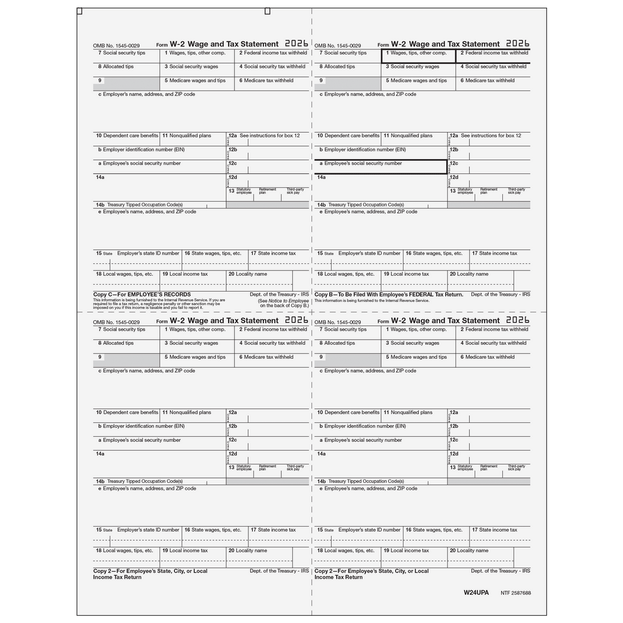 2026 W-2 Employee 4-Up Quadrant Copies C/B/2/2 Preprinted Laser Forms
