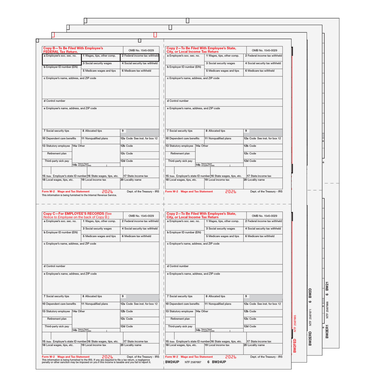 2026 W-2 Condensed 4-Up Quadrant 6-Part Preprinted Laser Tax Form Set