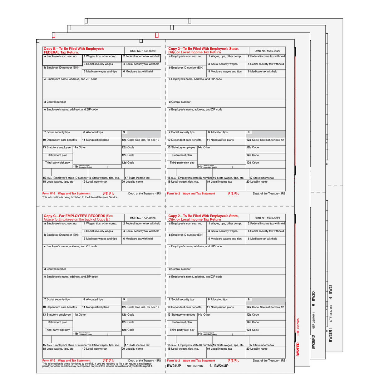 2026 W-2 Condensed 4-Up Quadrant 6-Part Preprinted Laser Tax Form Set