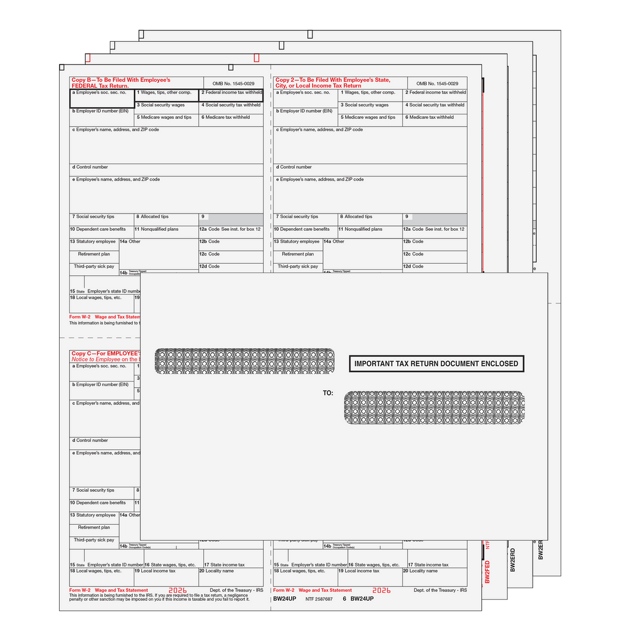 2026 W-2 4-Up Quadrant 6-Part Laser Tax Form Kit with Self Seal Envelopes
