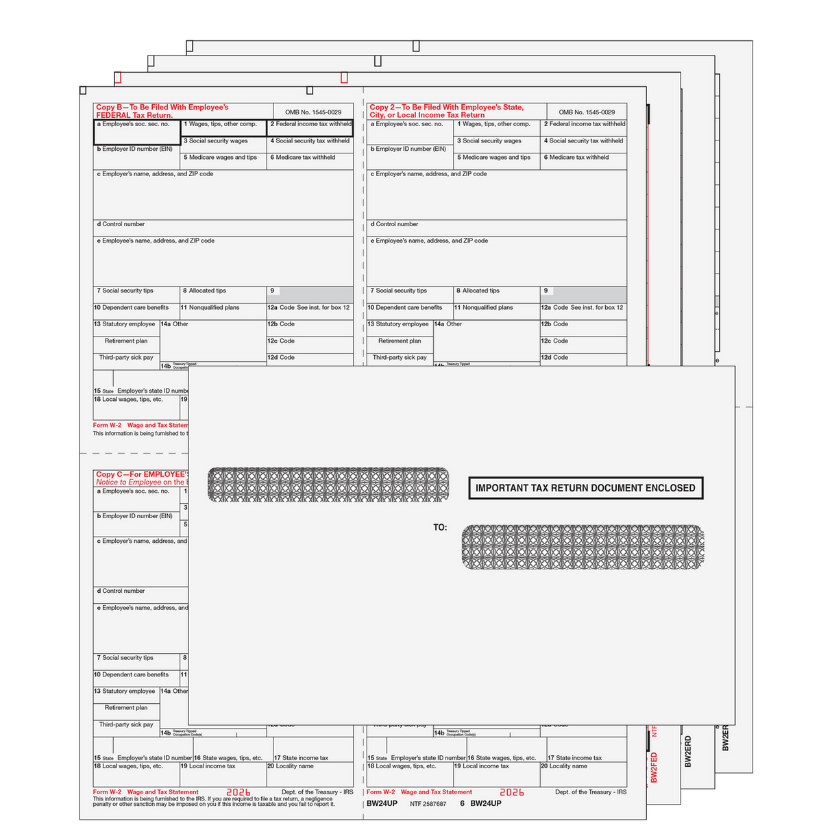 2026 W-2 4-Up Quadrant 6-Part Laser Tax Form Kit with Self Seal Envelopes