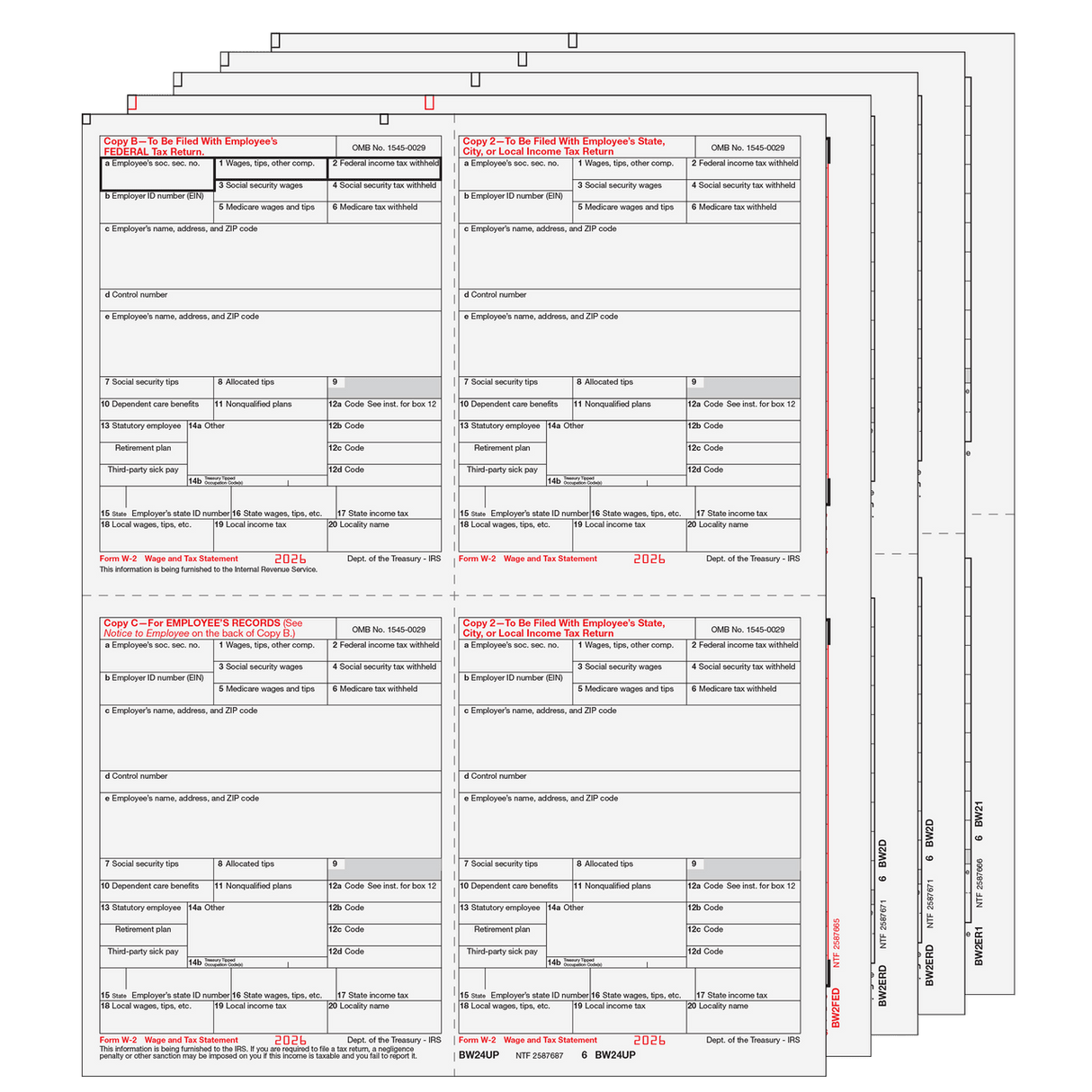 2026 W-2 Condensed 4-Up Quadrant 8-Part Preprinted Laser Tax Form Set
