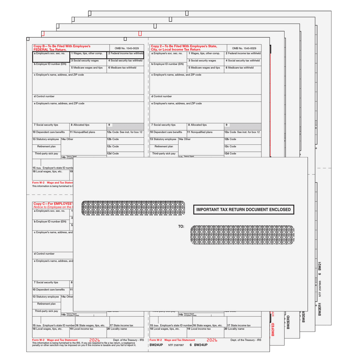 2026 W-2 4-Up Quadrant 8-Part Laser Tax Form Kit with Self Seal Envelopes