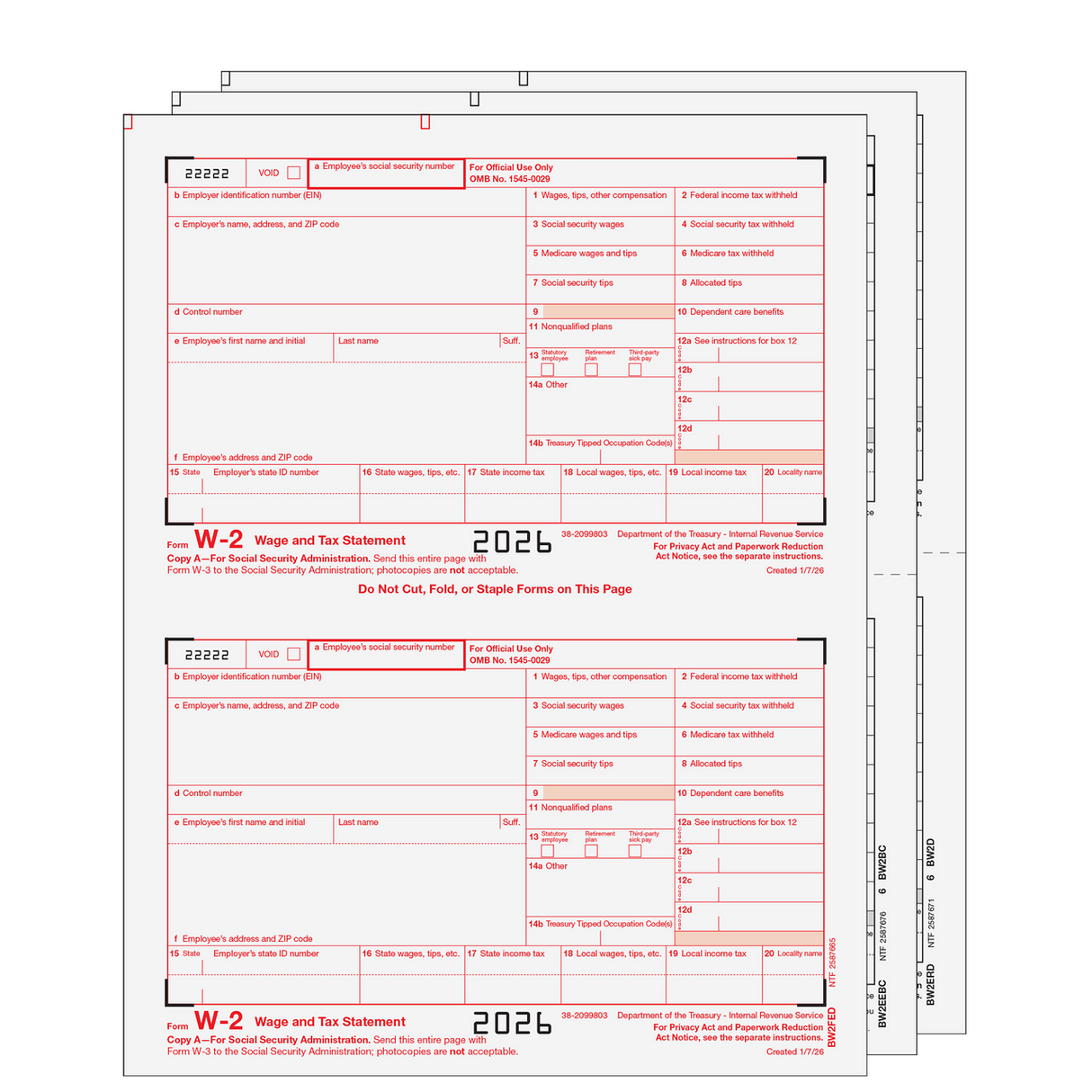 2026 W-2 Condensed 2-Up 4-Part Preprinted Laser Tax Form Set