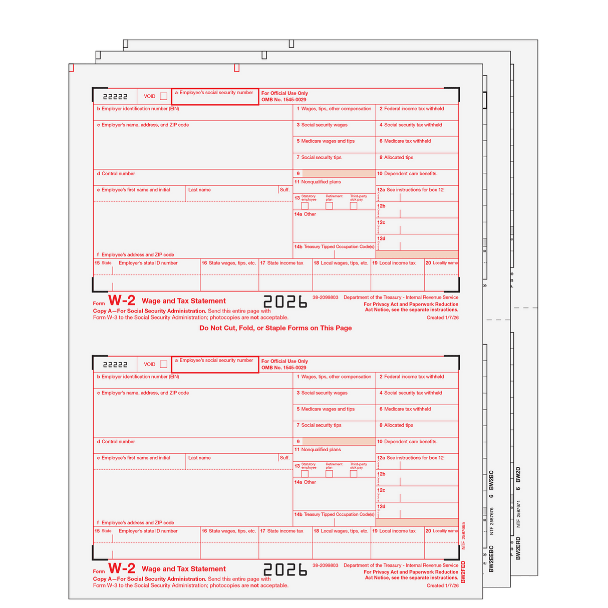 2026 W-2 Condensed 2-Up 4-Part Preprinted Laser Tax Form Set