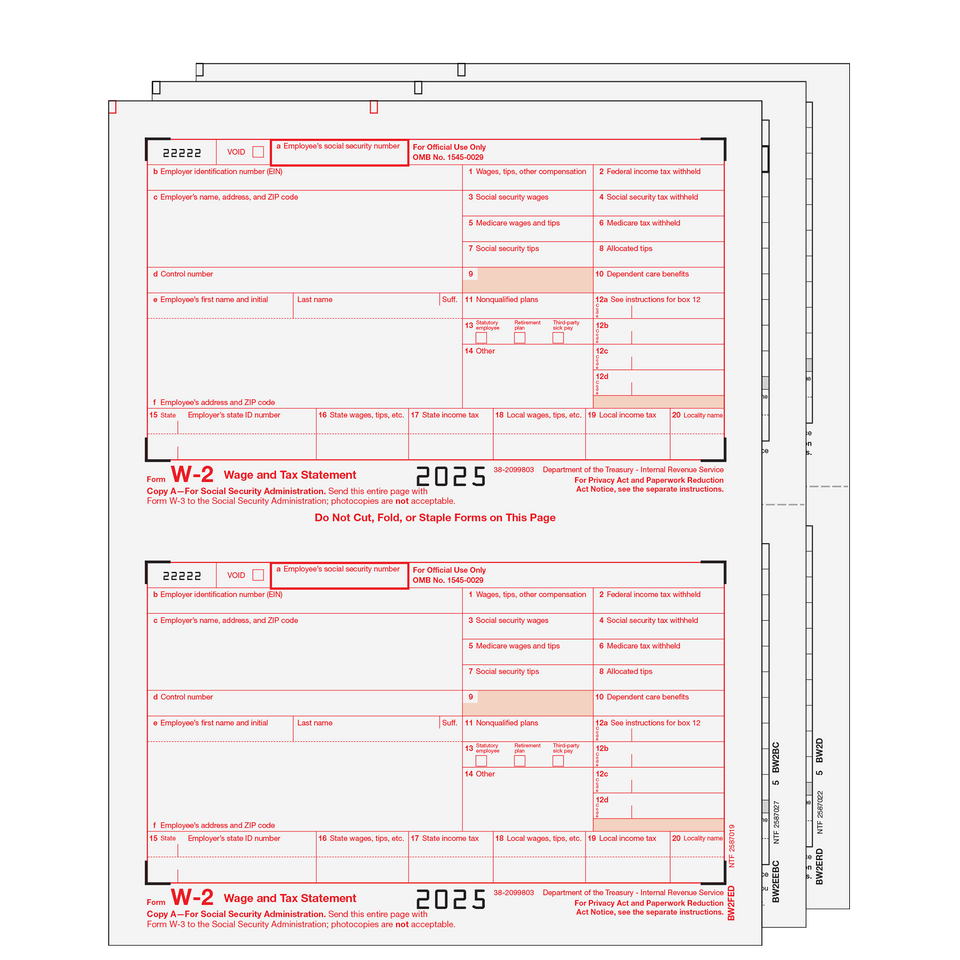 Condensed W-2 Form 4-part Set (2-up Copies) - 25 Qty
