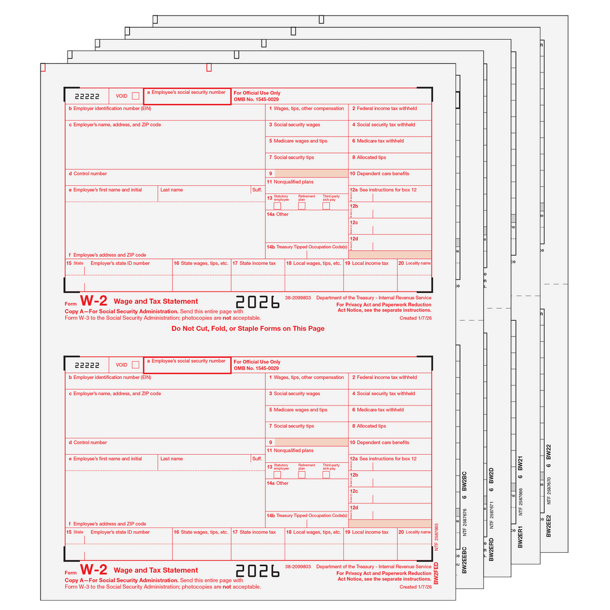 2026 W-2 Condensed 2-Up 6-Part Preprinted Laser Tax Form Set