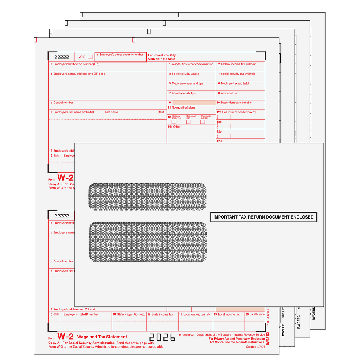 2026 W-2 Traditional 4-Part Laser Tax Form Kit with Moisture Seal Double Window Envelopes