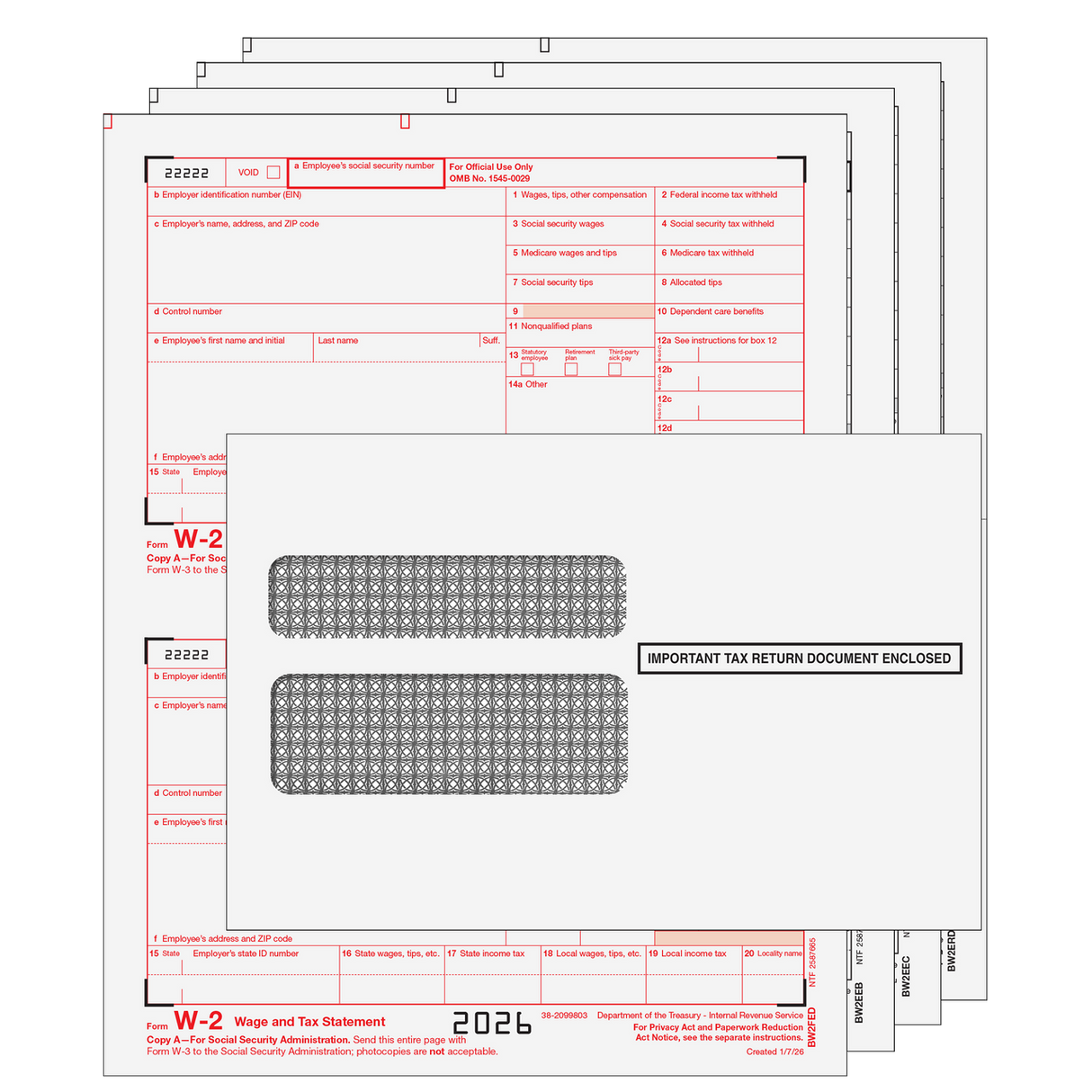 2026 W-2 Traditional 4-Part Laser Tax Form Kit with Tamper Evident Self Seal Envelopes