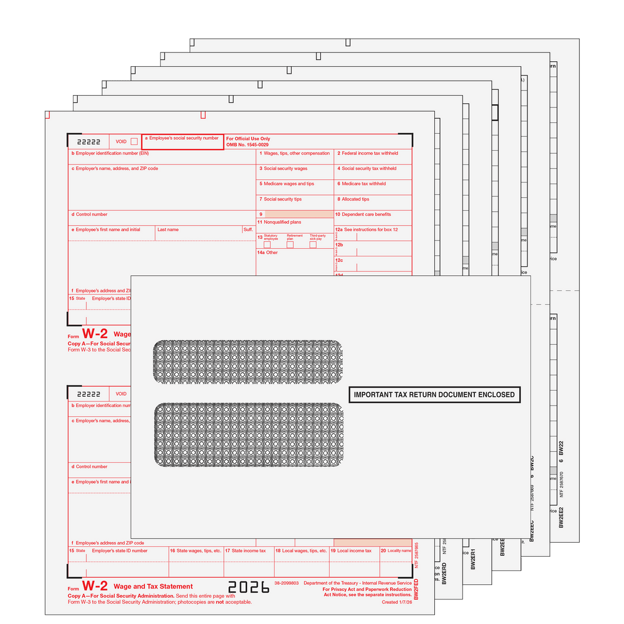 2026 W-2 Traditional 6-Part Laser Tax Form Kit with Self Seal Double Window Envelopes
