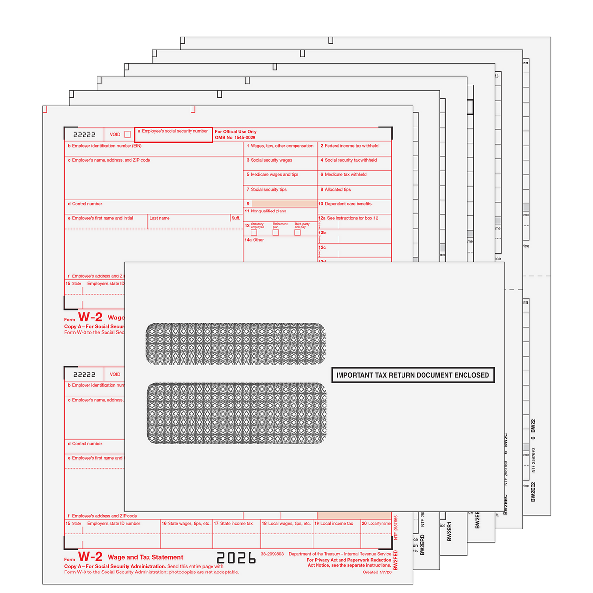 2026 W-2 Traditional 6-Part Laser Tax Form Kit with Moisture Seal Double Window Envelopes