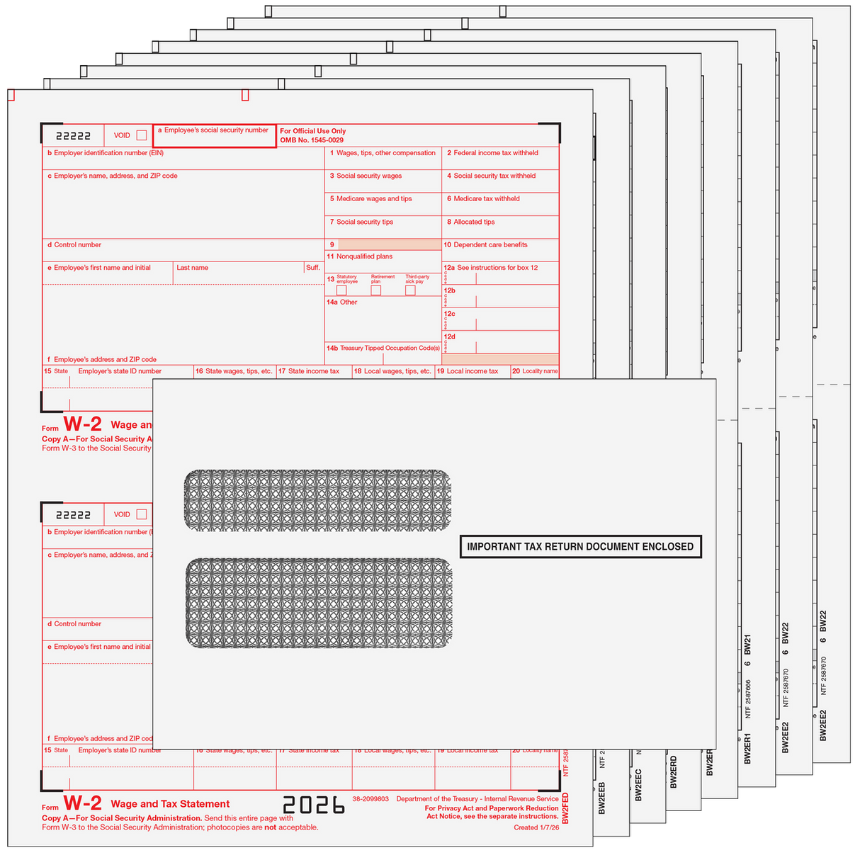 2026 W-2 Traditional 8-Part Laser Tax Form Kit with Self Seal Double Window Envelopes