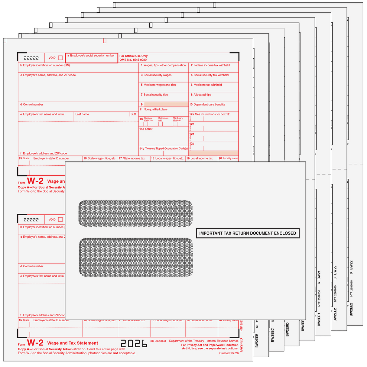 2026 W-2 Traditional 8-Part Laser Tax Form Kit with Self Seal Double Window Envelopes