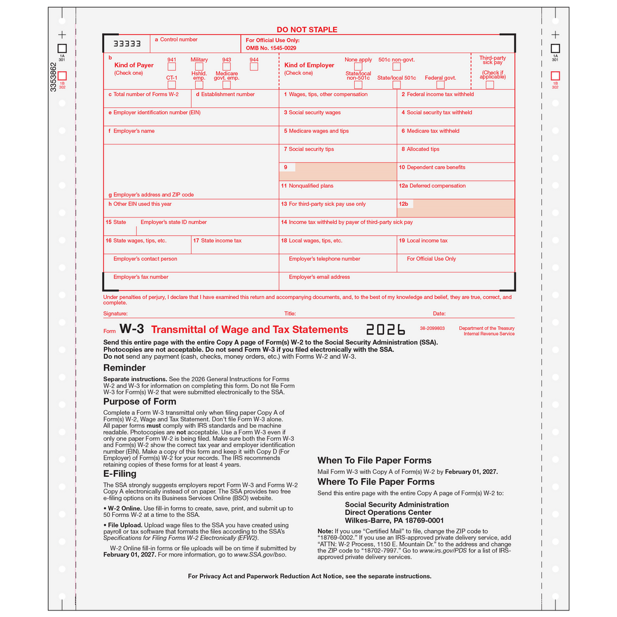 2026 W-3 Carbonless 2-Part Transmittal Forms