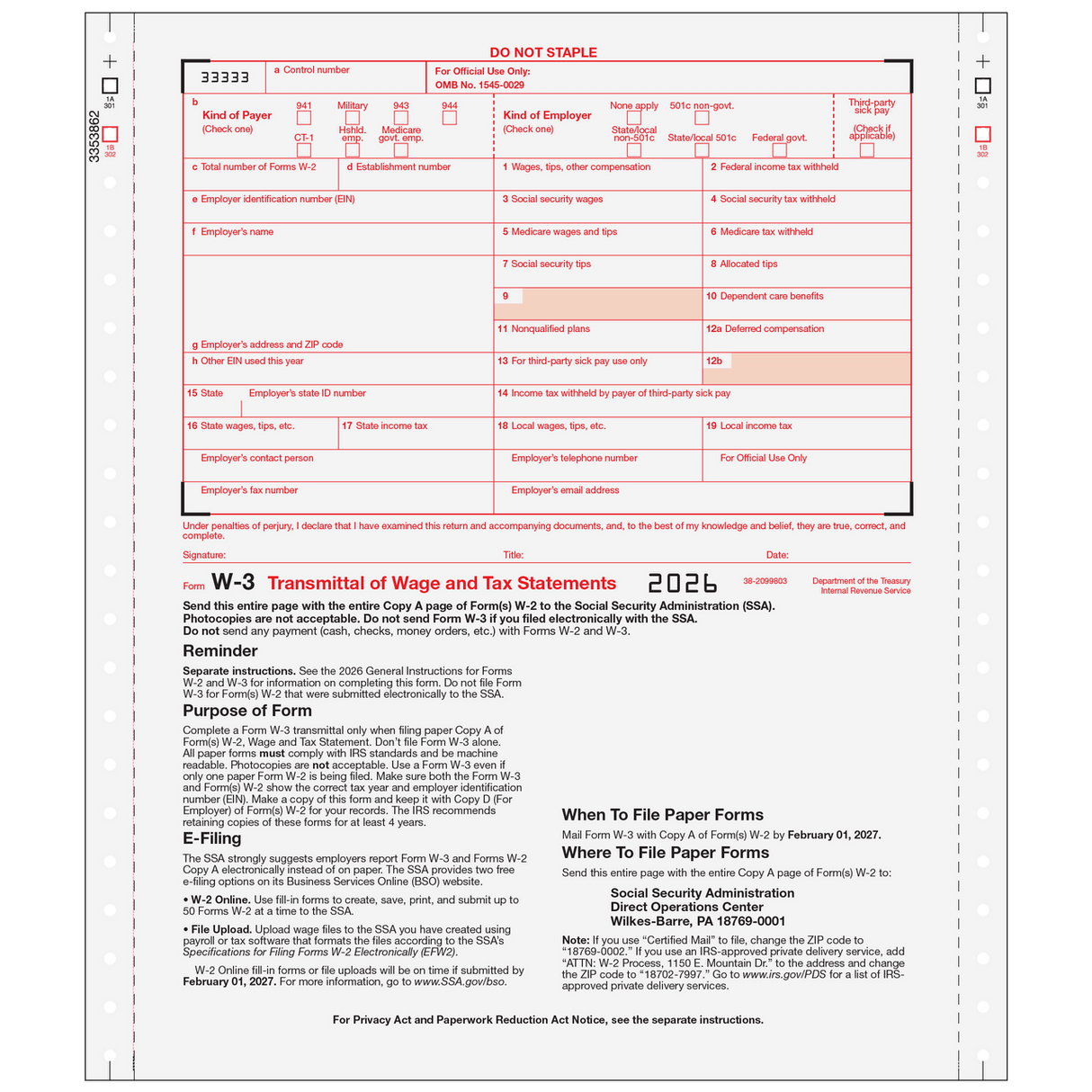 2026 W-3 Carbonless 2-Part Transmittal Forms