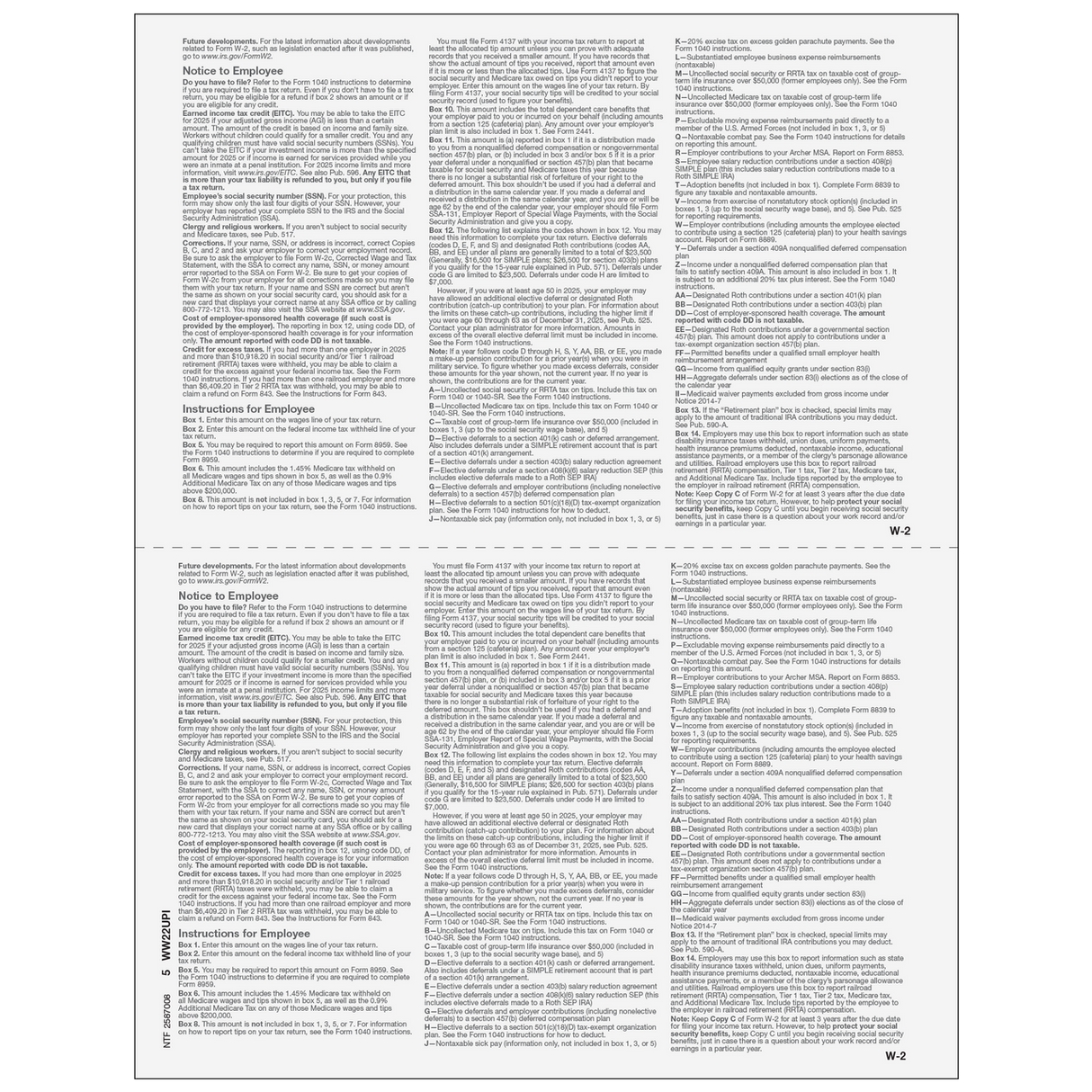 2up Blank W-2 Form (with Employee Instructions) - 25 Qty