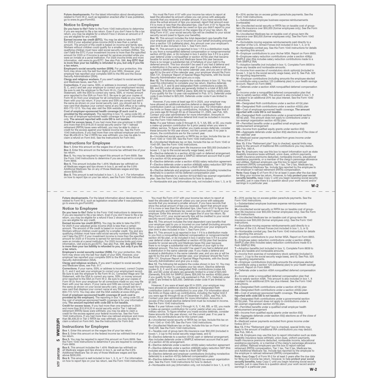 2up Blank W-2 Form (with Employee Instructions) - 25 Qty