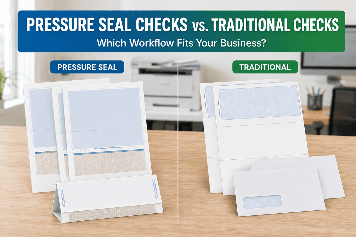 Choice Checks pressure seal checks compared with traditional business checks and envelopes.”