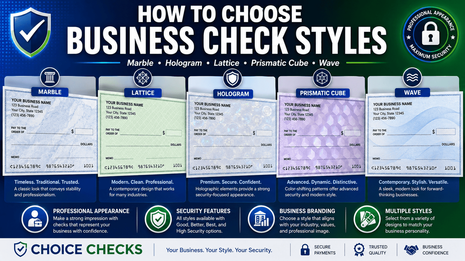 How To Choose Business Check Styles: Marble, Hologram, Lattice, Prismatic Cube & More