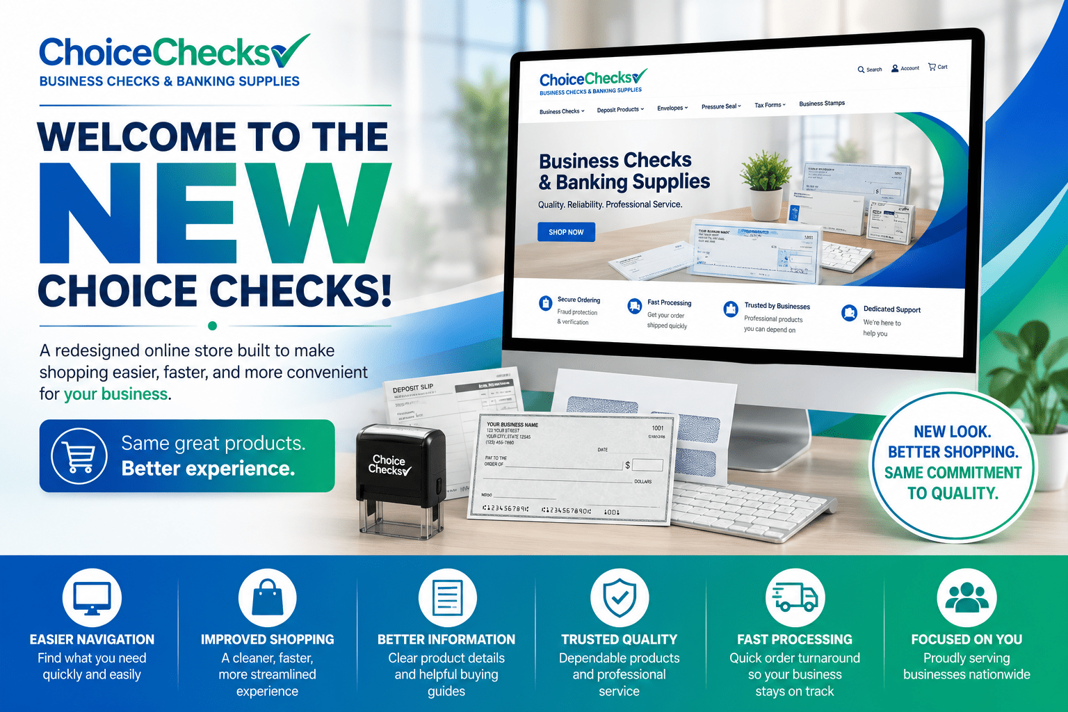 Choice Checks new website announcement with business checks and banking supplies