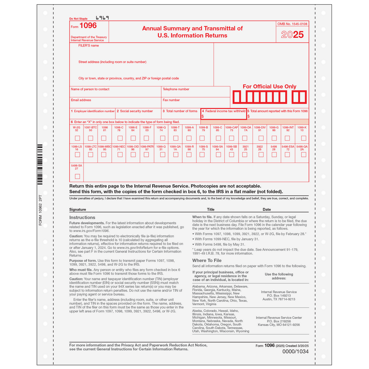2026 Form 1096 Transmittal Summary 2-part (Carbonless)