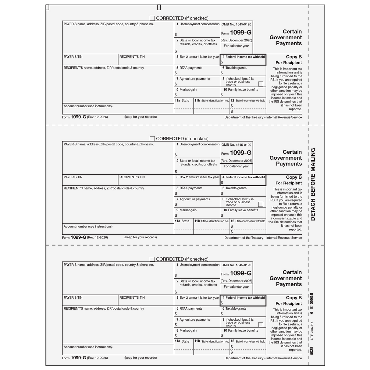 2026 1099-G Recipient Copy B Forms