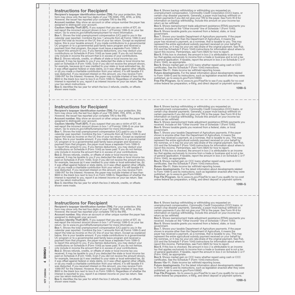 Form 1099-G Certain Government Payments - Copy B Recipient - 25 Qty