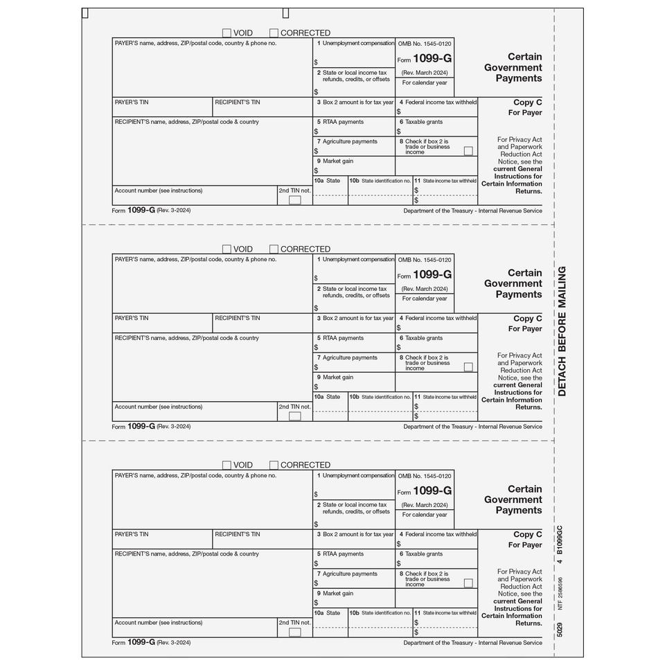 Form 1099-G Certain Government Payments - Copy C Payer - 25 Qty