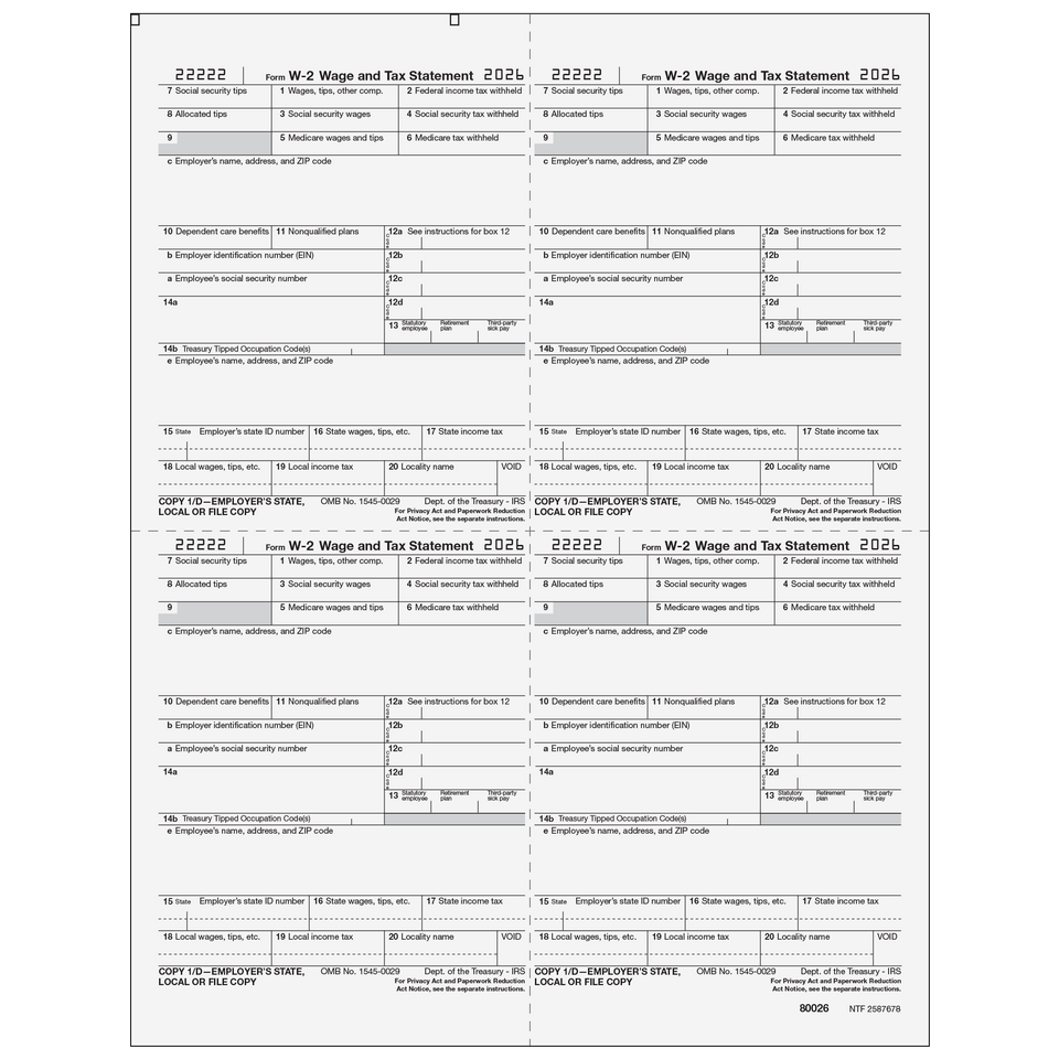2026 W-2 Employer 4-Up Quadrant Copies 1/D Preprinted Laser Forms