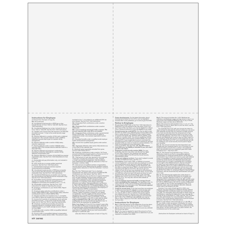 2026 W-2 Employee 4-Up Quadrant Copies 2/2/B/C Preprinted Laser Forms