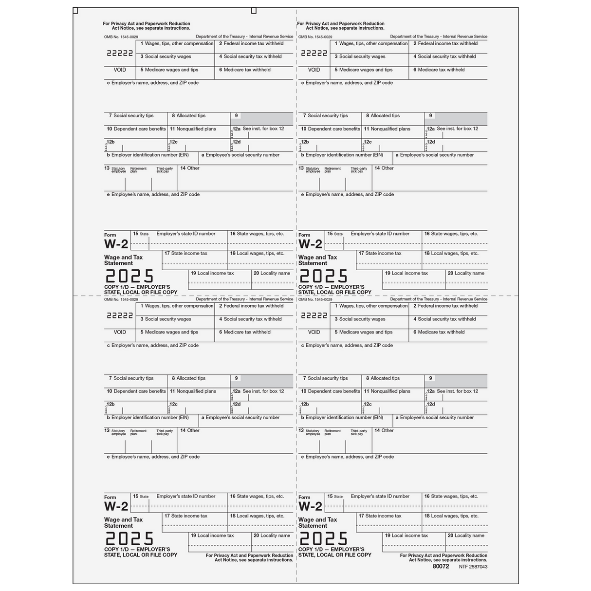 Form W-2 4up Quadrant Employer Copy 1/D