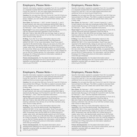 2026 W-2 Employer 4-Up Quadrant Copies 1/D Preprinted Laser Forms - 50 Minimum