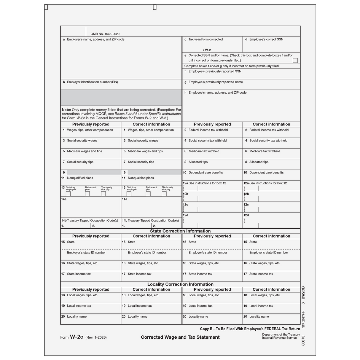 2026 W-2C Employee Federal Copy B Correction Forms