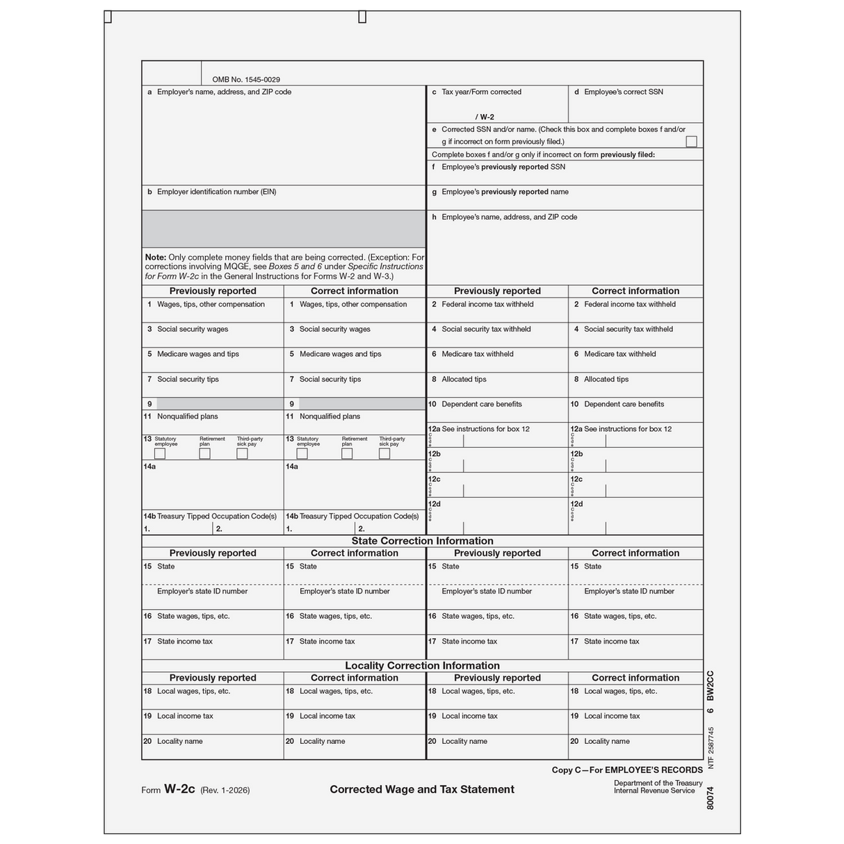 2026 W-2C Employee File Copy C Correction Forms