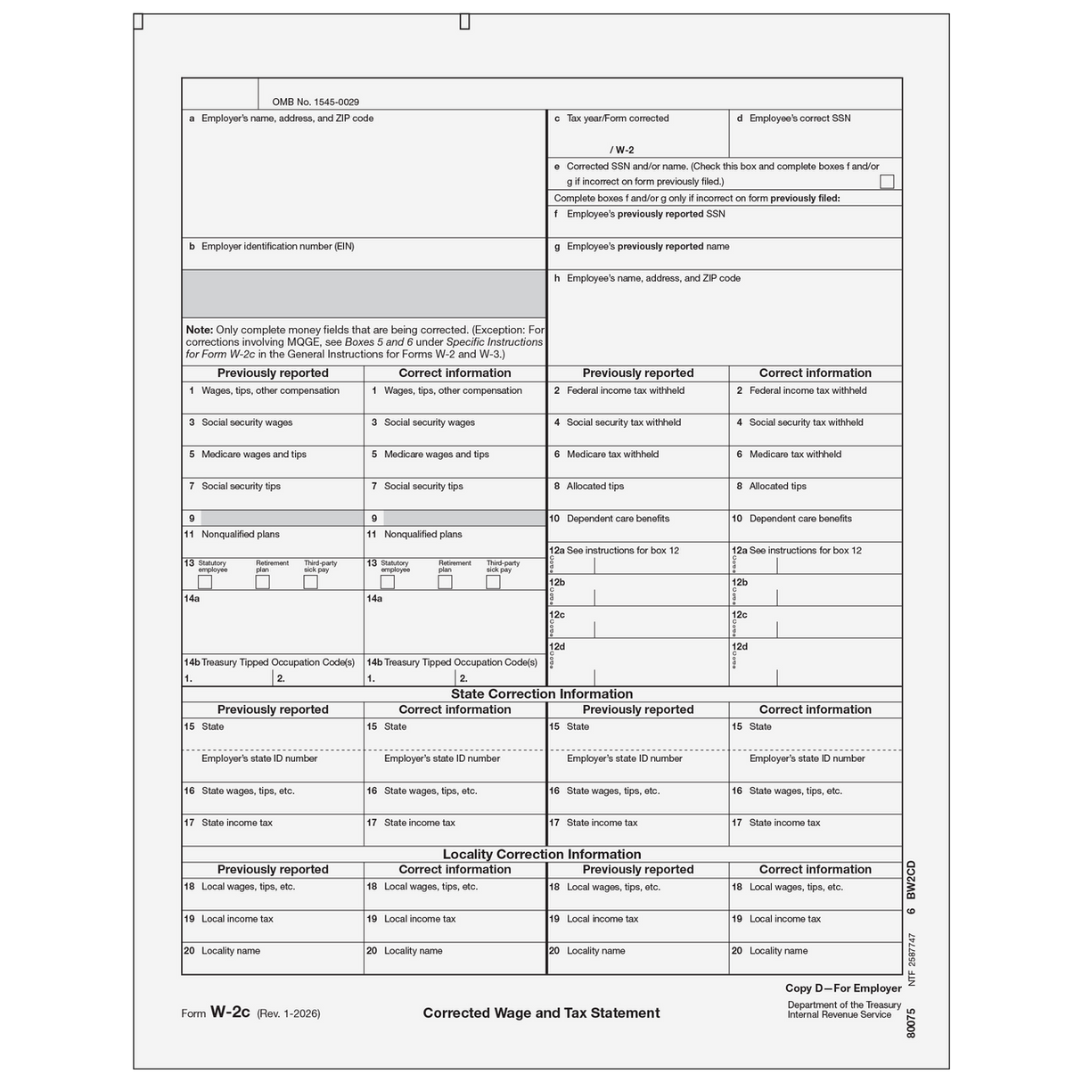 2026 W-2C Employer File Copy D Correction Forms