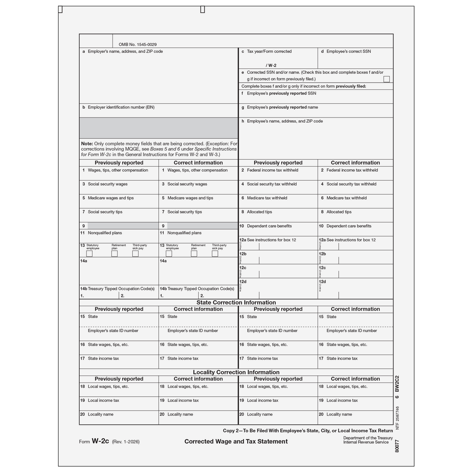 2026 W-2C Employee State/City/Local Copy 2 Correction Forms