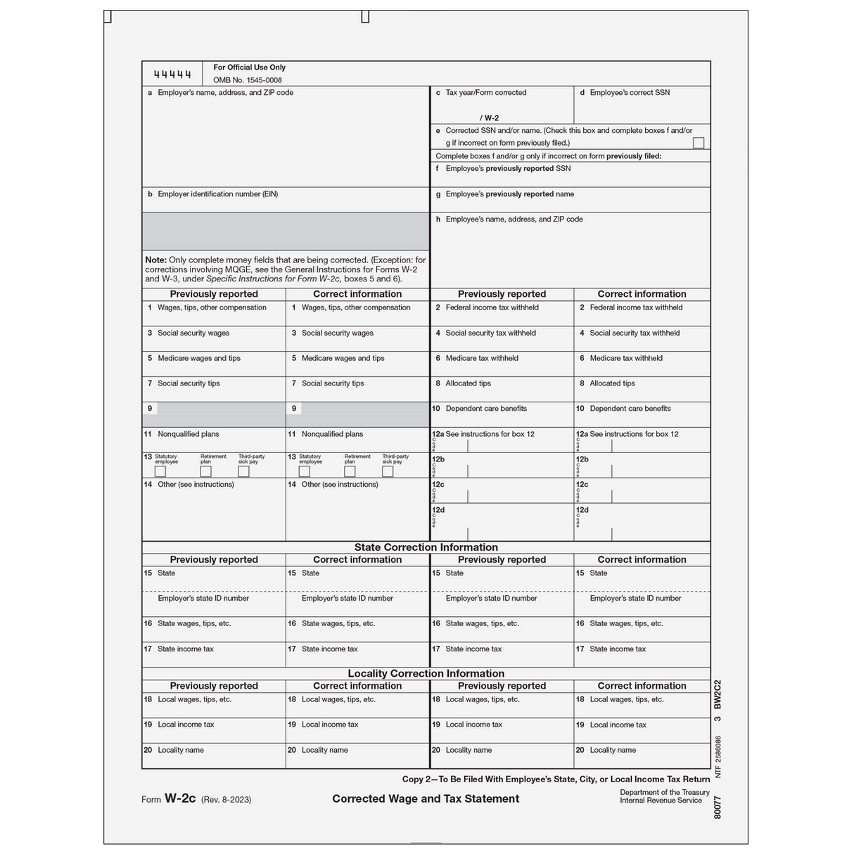 Form W-2C Corrected Employee, State, City, Local, Copy 2