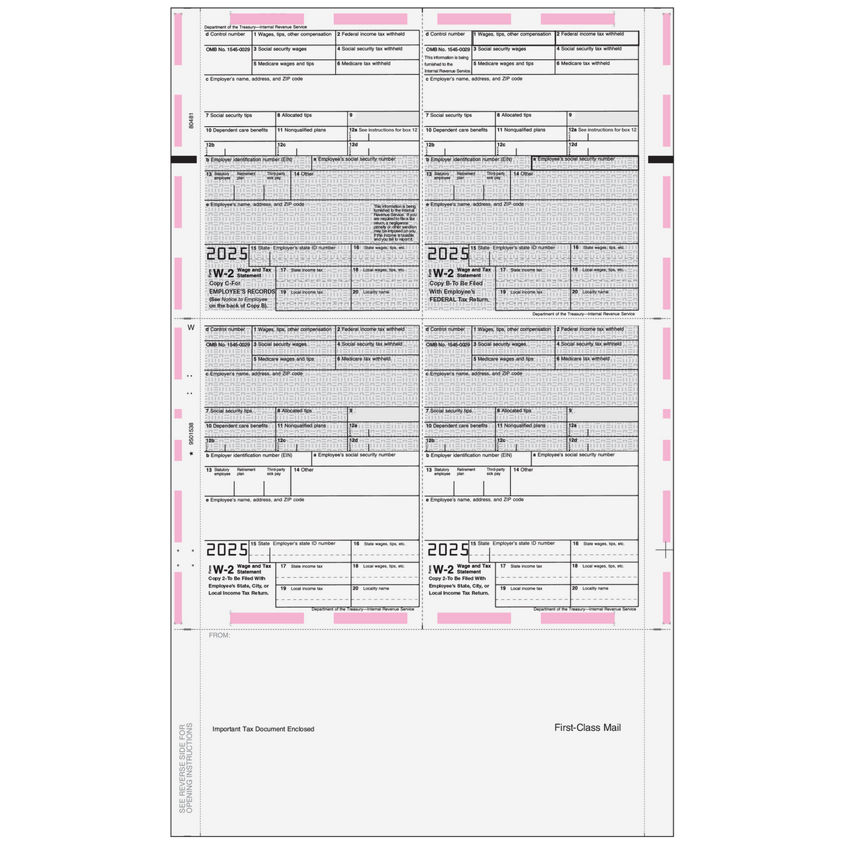 2026 W-2 Pressure Seal EZ Fold W-2 4-Up Quadrant Preprinted Forms
